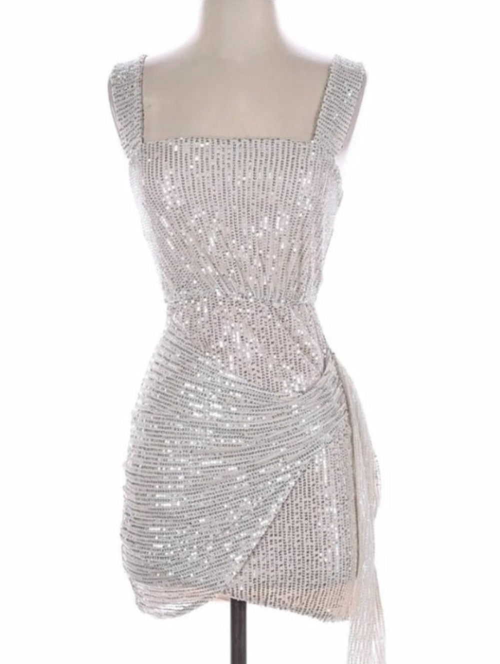 Sequined Silver Party Dress with Draped Skirt